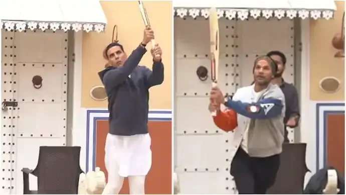 Akshay Kumar and Shikhar Dhawan Play Cricket on Bhooth Bangla Set