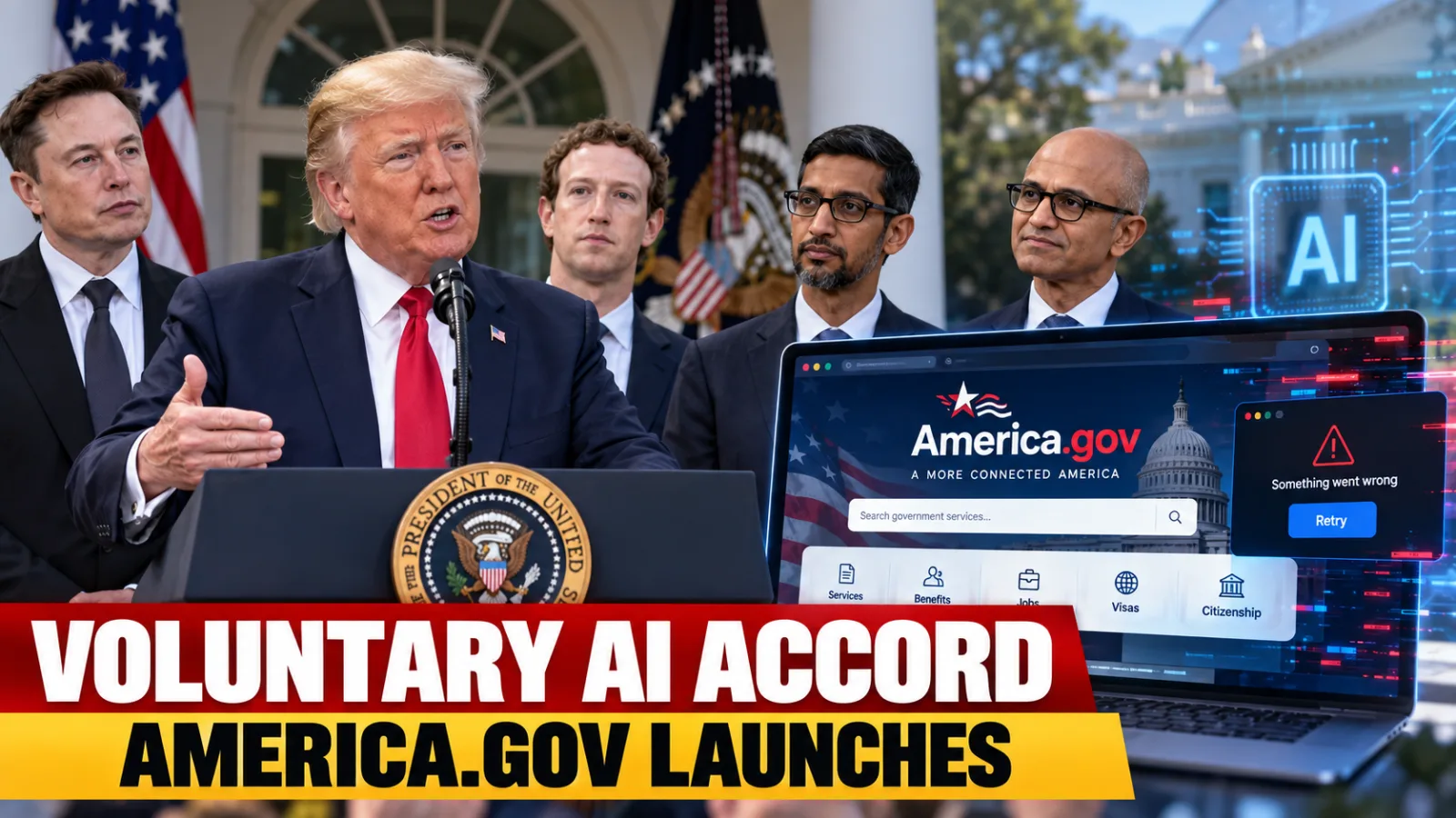 Donald Trump with technology executives during the White House AI accord and America.gov launch