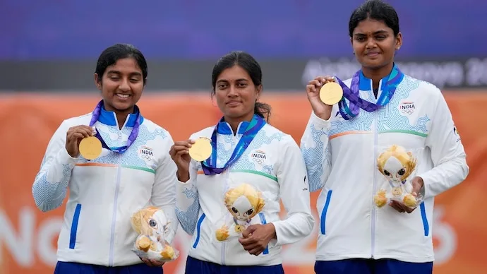 Jyothi Surekha Vennam, Chikhitha Taniparthi and Prithika Pradeep celebrate their Asian Games archery gold