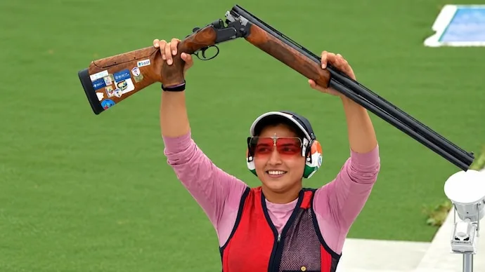 Neeru Dhanda celebrates after winning women’s trap gold at Asian Games 2026