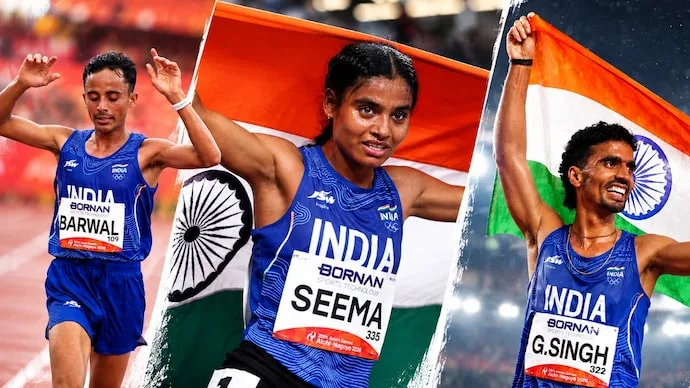 Indian distance runners Gulveer Singh, Sawan Barwal and Seema Kumari after Asian Games success