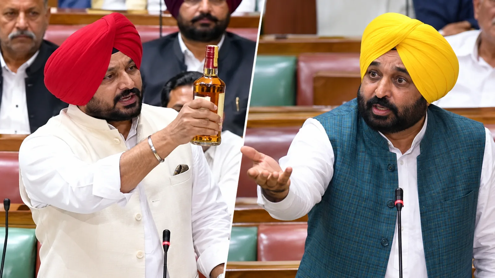 BJP leader Ravneet Singh Bittu displays a liquor bottle outside Punjab Vidhan Sabha while targeting Chief Minister Bhagwant Mann