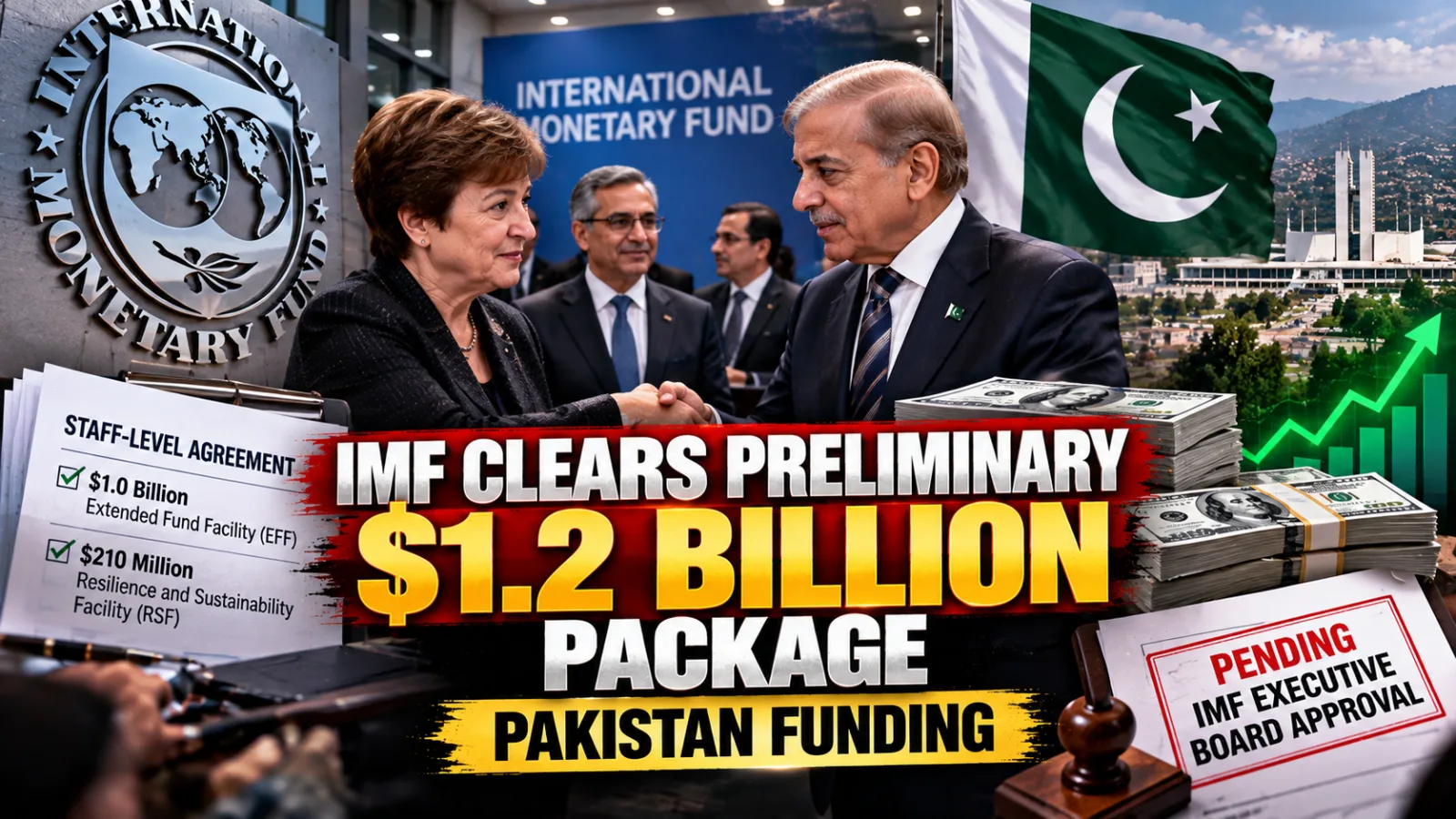 IMF and Pakistan flags representing discussions over financial support