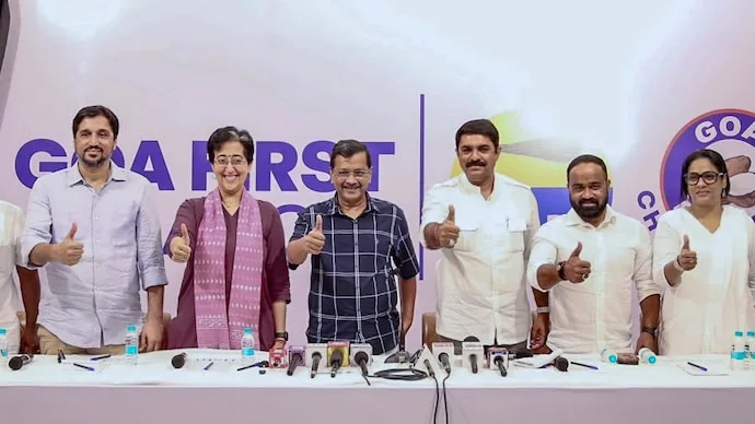 AAP leaders at a press conference in Goa discussing the Goa First alliance