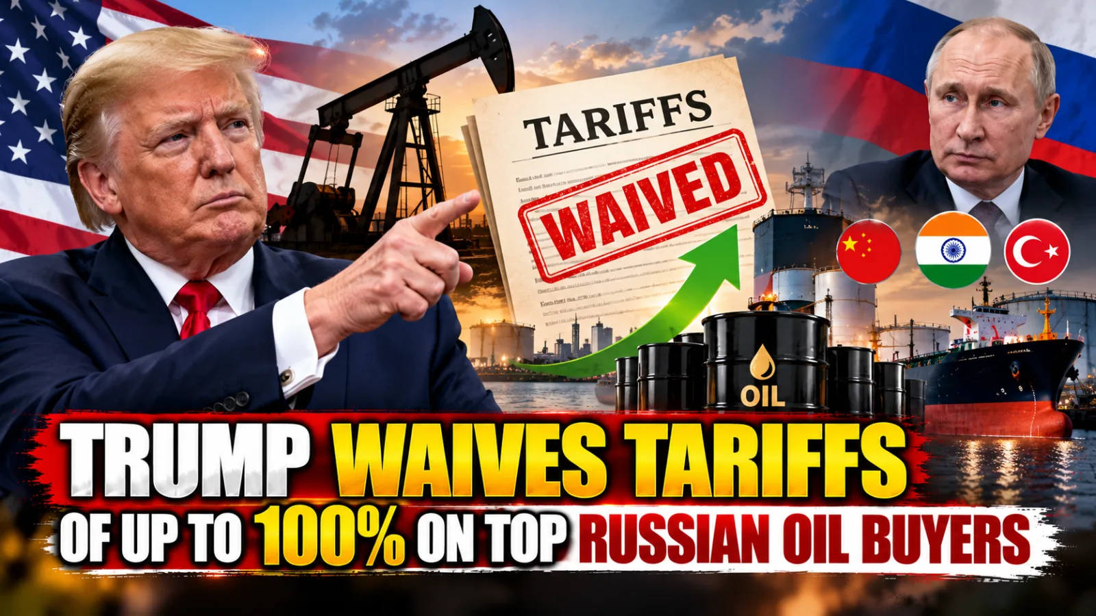 US President Donald Trump representing the decision to waive specified tariffs on countries purchasing Russian oil and gas, including India and China.