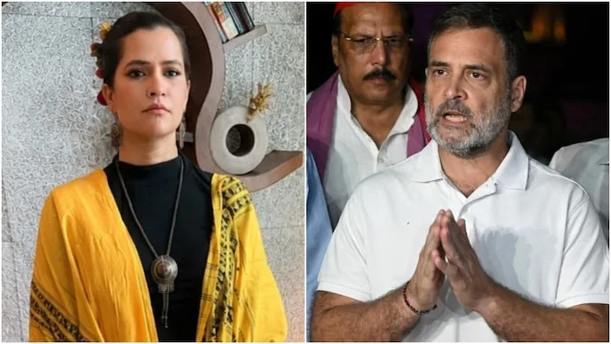 Singer Sona Mohapatra and Congress leader Rahul Gandhi amid controversy over her comments on Himachal Pradesh’s governance.