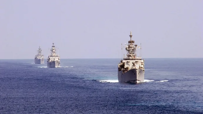 Indian Navy frigates sailing in formation, mistakenly used in a social media tribute to the US Navy’s 251st birthday.