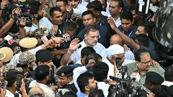 Rahul Gandhi and INDIA bloc leaders participate in a protest at Rajghat in New Delhi.