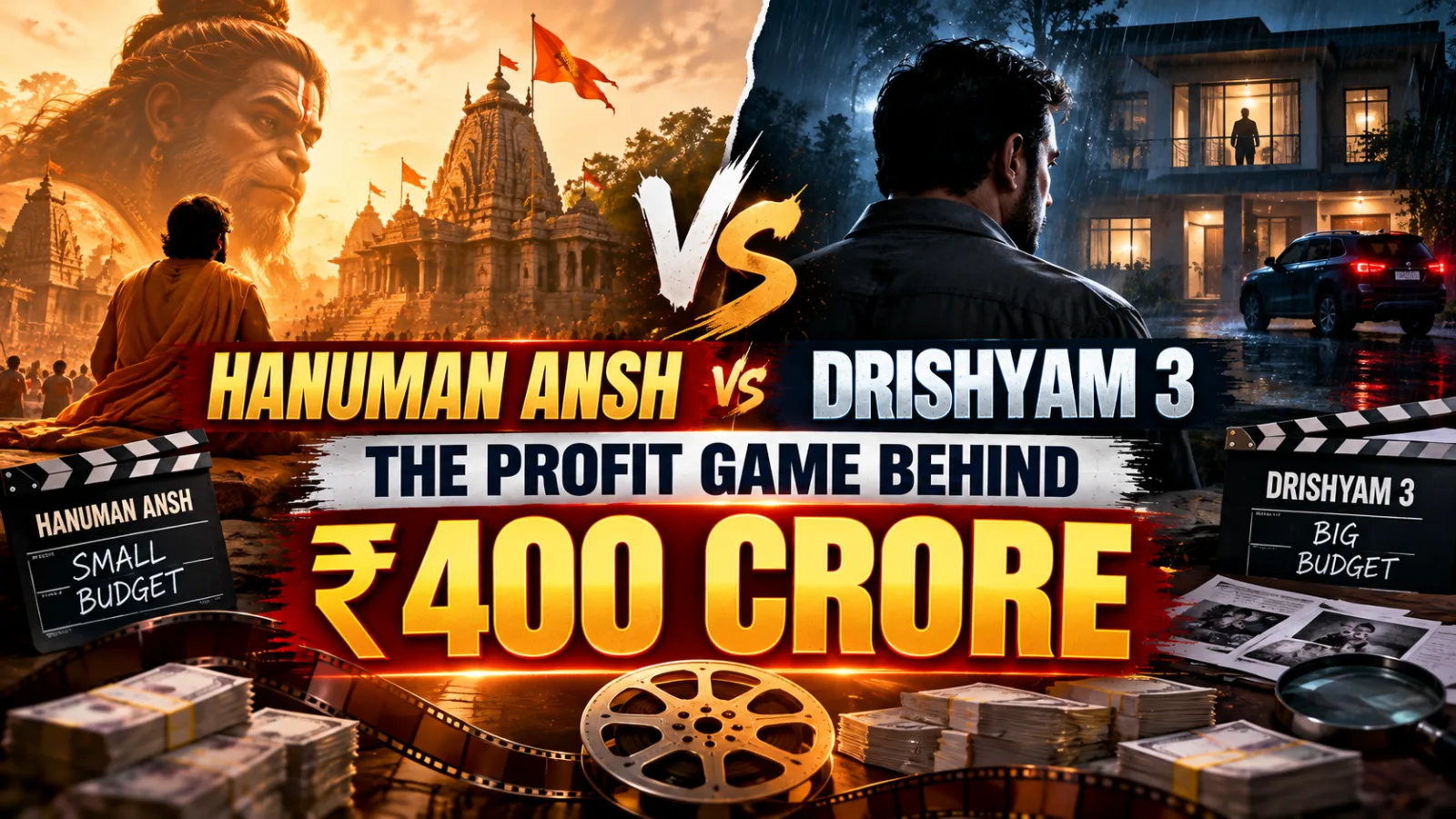 Comparison of Hanuman Ansh and Drishyam 3 illustrating the difference between box-office collections, production budgets and film profitability.