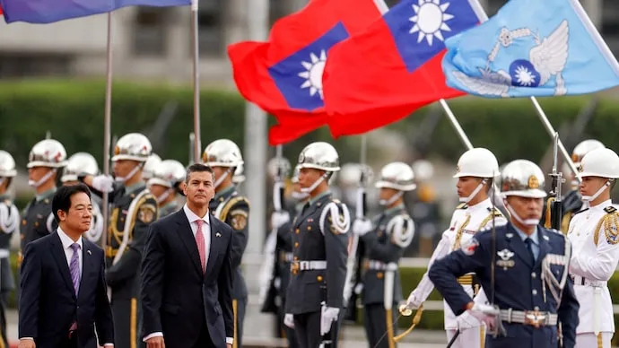 Paraguay President Santiago Peña attends a welcoming ceremony with Taiwan President Lai Ching-te in Taipei in May 2026.