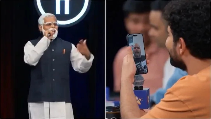 Narendra Modi lookalike Raahil and comedian Kunal Kamra during a humorous exchange on Samay Raina’s India’s Got Latent.