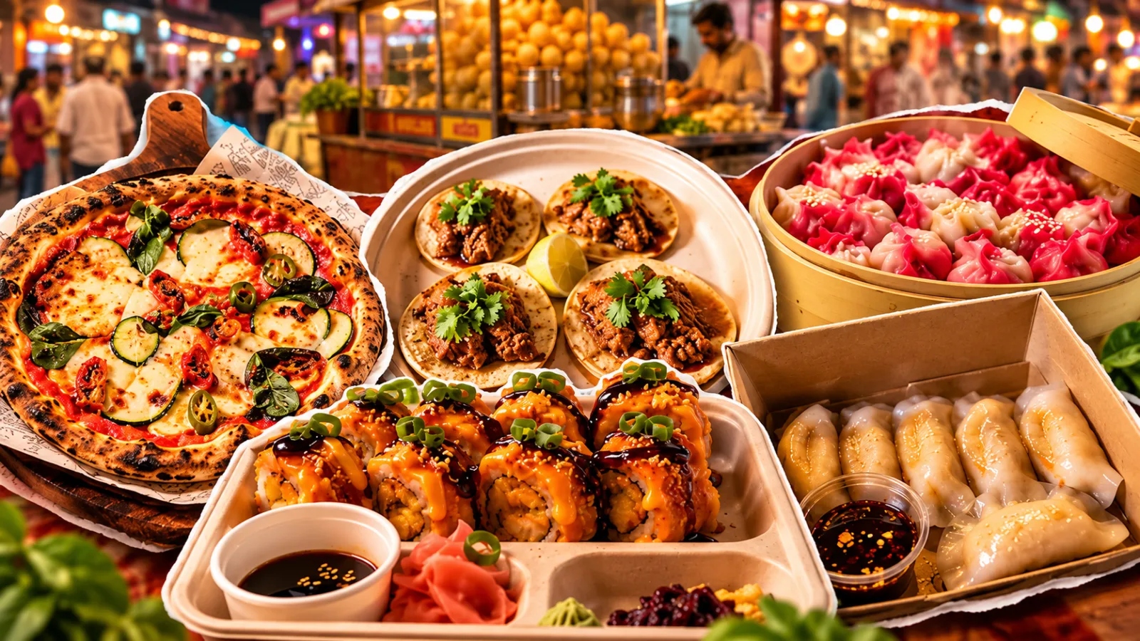 Gourmet street food in Delhi-NCR featuring sushi, dim sum, wood-fired Neapolitan pizza and roadside food carts.