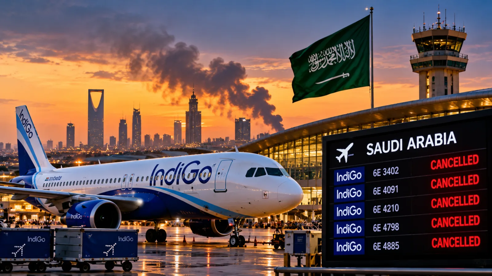Passenger aircraft representing flight disruptions between India and Saudi Arabia following regional security incidents.