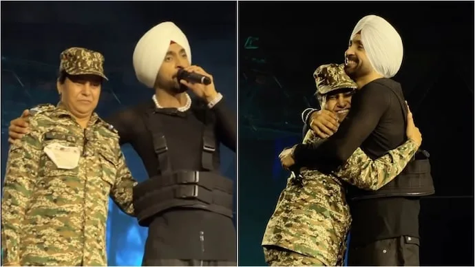 Diljit Dosanjh honours a woman CRPF officer during his Aura India Tour concert in Delhi.
