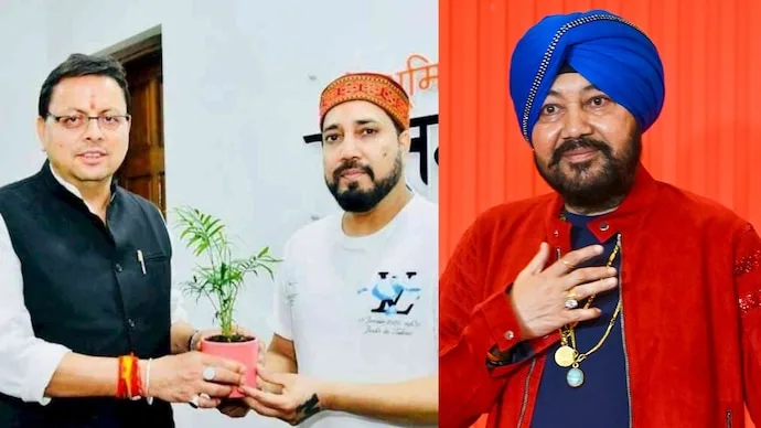 Mika Singh, Uttarakhand Chief Minister Pushkar Singh Dhami and singer Daler Mehndi amid the controversy over a Tehri performance.