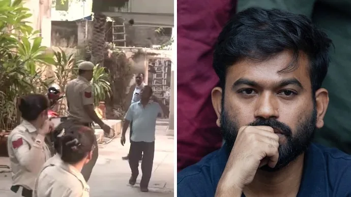 Delhi Police personnel outside Cockroach Janta Party founder Abhijeet Dipke’s residence in Jhandewalan ahead of the Tiranga march.