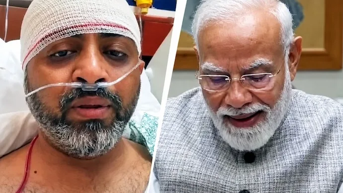 PM Narendra Modi speaks to flydubai pilot Smit Machchhar during a video call