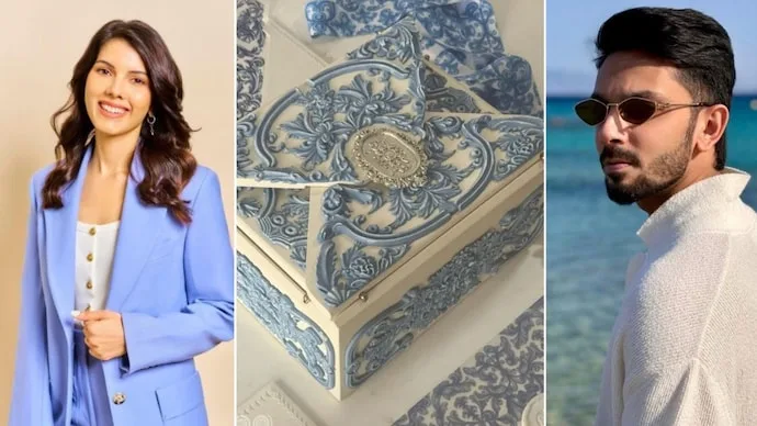 Anirudh Ravichander and Kavya Maran’s ornate wedding reception invitation featuring ivory and powder-blue colours.