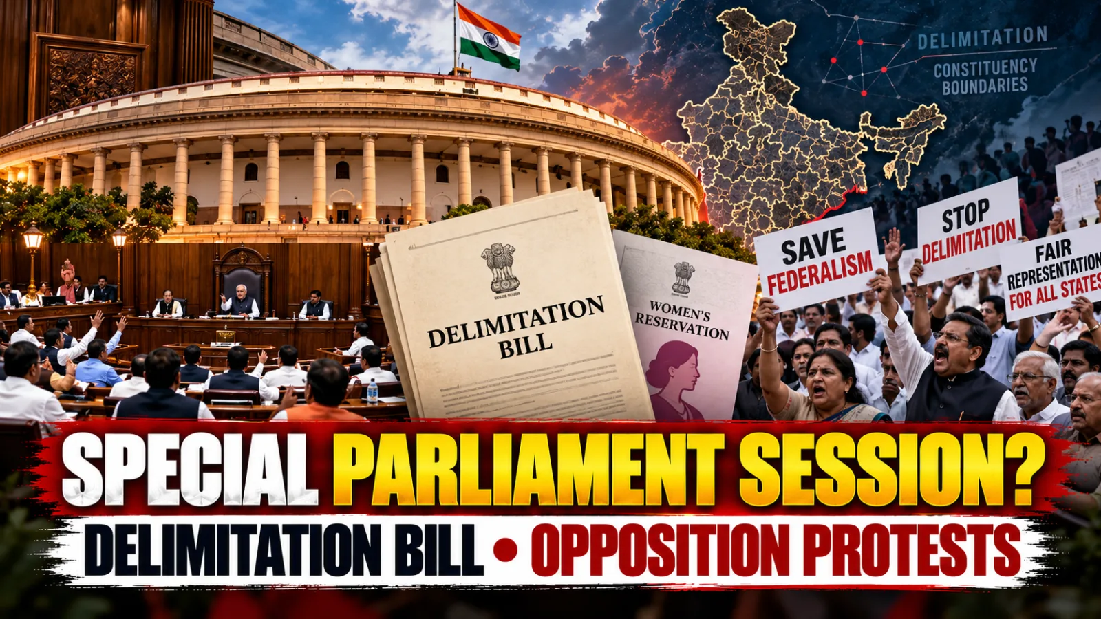 Indian Parliament building representing the political debate over a possible special session on delimitation and women's reservation bills.