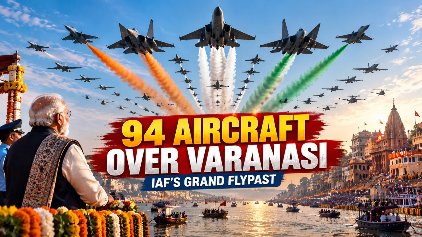 Indian Air Force aircraft perform a grand flypast over Varanasi’s ghats during the 94th anniversary celebrations.