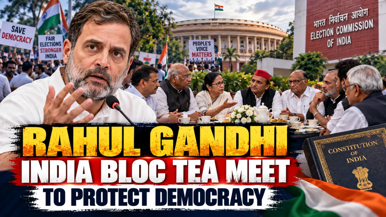 Rahul Gandhi and INDIA bloc leaders during opposition efforts to coordinate protests over alleged electoral irregularities.