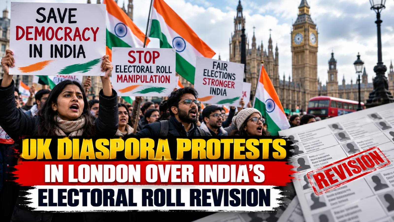 Diaspora groups and students gather outside India’s High Commission in London during a protest over electoral reforms in India.