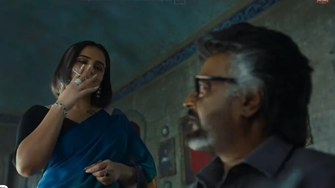 Vidya Balan in a scene from Jailer 2 featuring her character opposite Rajinikanth.