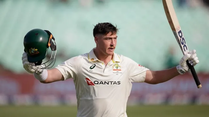 Australian batter Matt Renshaw celebrates his performance during the Test match against South Africa in Durban.
