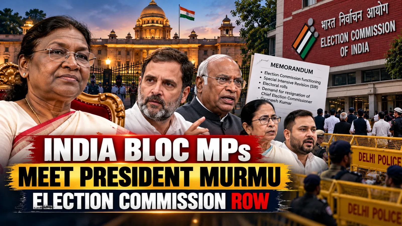 Opposition INDIA bloc leaders prepare to submit a memorandum to President Droupadi Murmu over the Election Commission’s functioning.