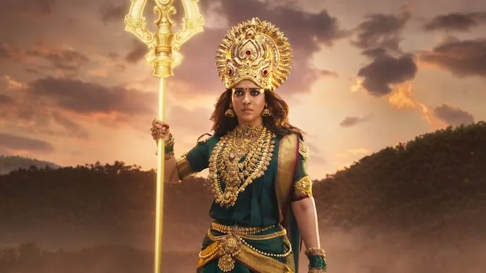 Nayanthara in her role in the upcoming Tamil devotional film Mookuthi Amman 2.