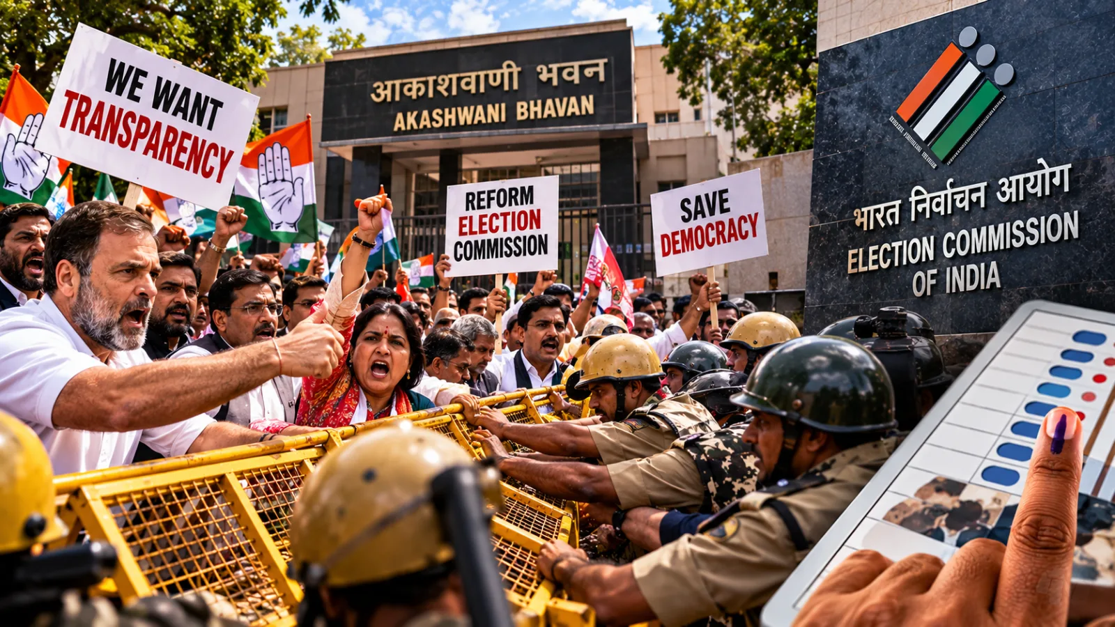 Opposition leaders and protesters at Akashwani Bhavan during a demonstration over Election Commission demands