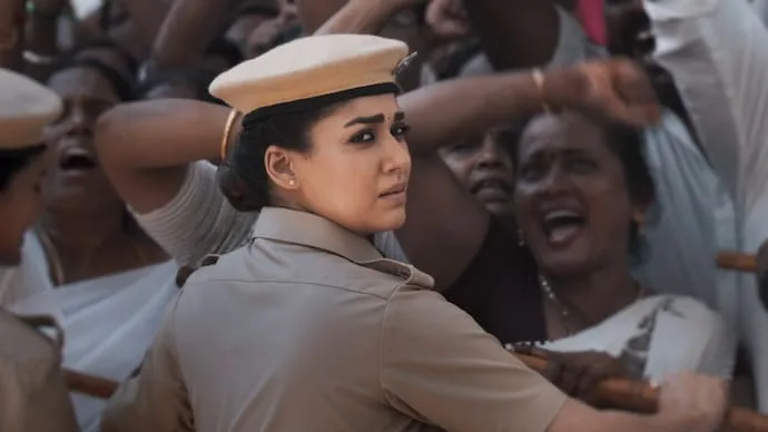 Nayanthara in Mookuthi Amman 2, playing both the Goddess and a timid police officer in the fantasy sequel.