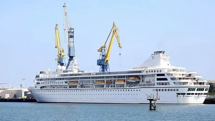 MV Odyssey cruise ship docked in Cambodia amid a suspension of its world voyage due to rising fuel costs