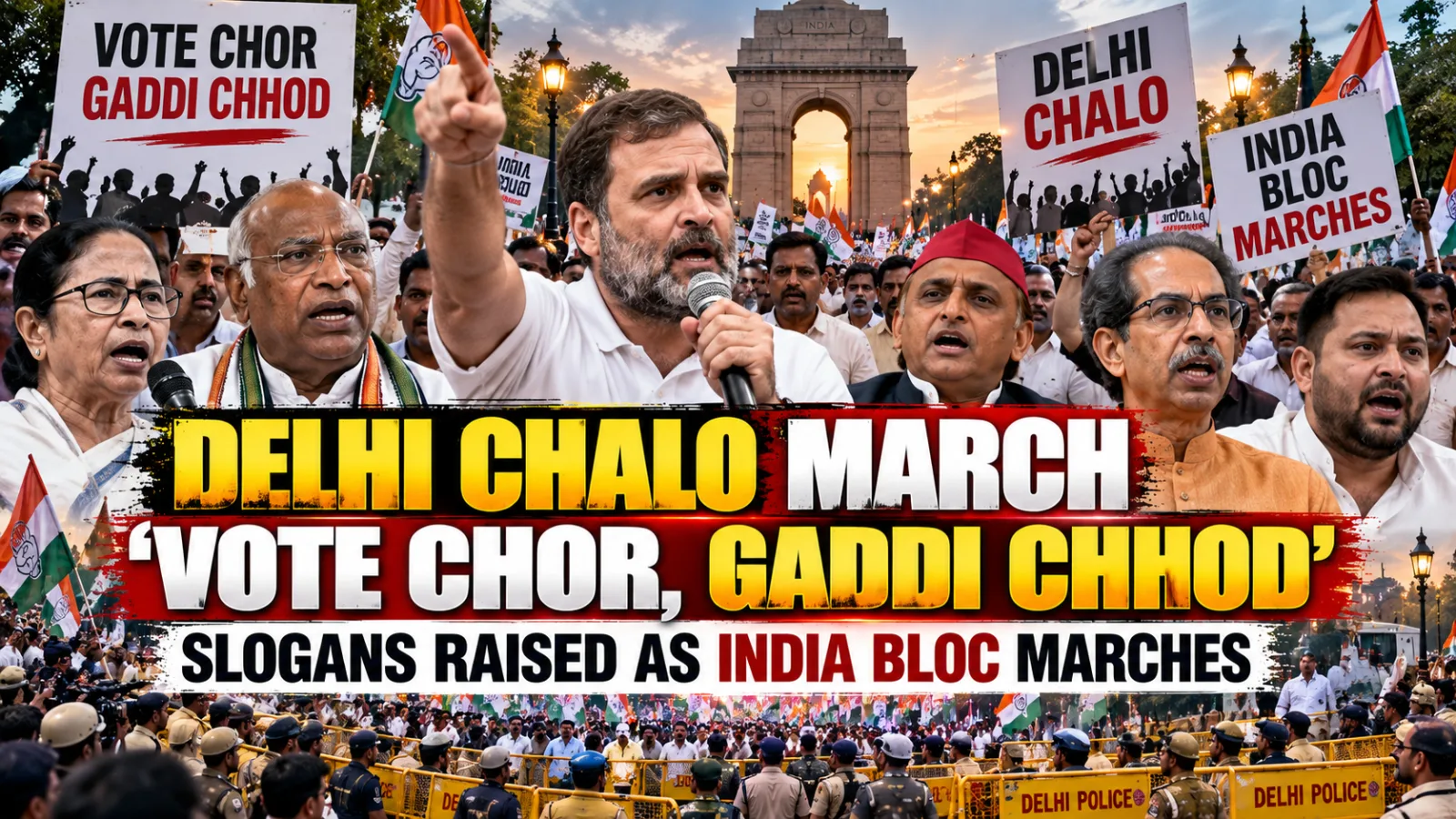 Congress and INDIA bloc protesters raise slogans during the Delhi Chalo March in central Delhi amid heavy security.