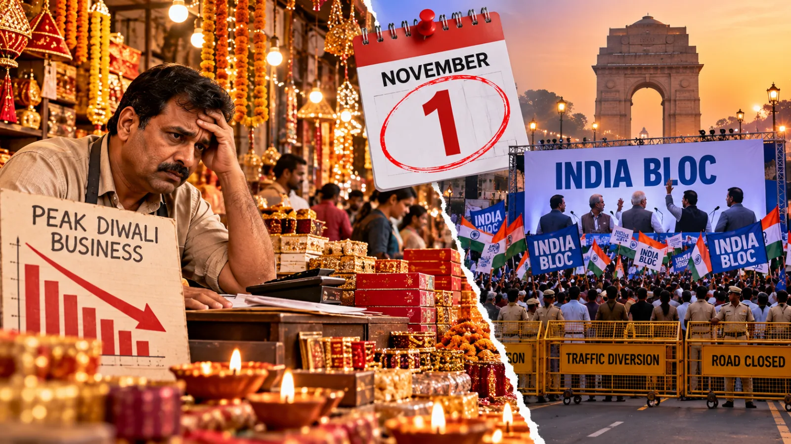 Busy markets in central Delhi ahead of Diwali as traders seek postponement of the INDIA bloc rally.