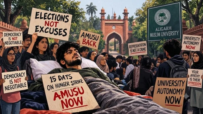 Aligarh Muslim University students protesting to demand the restoration of student union elections