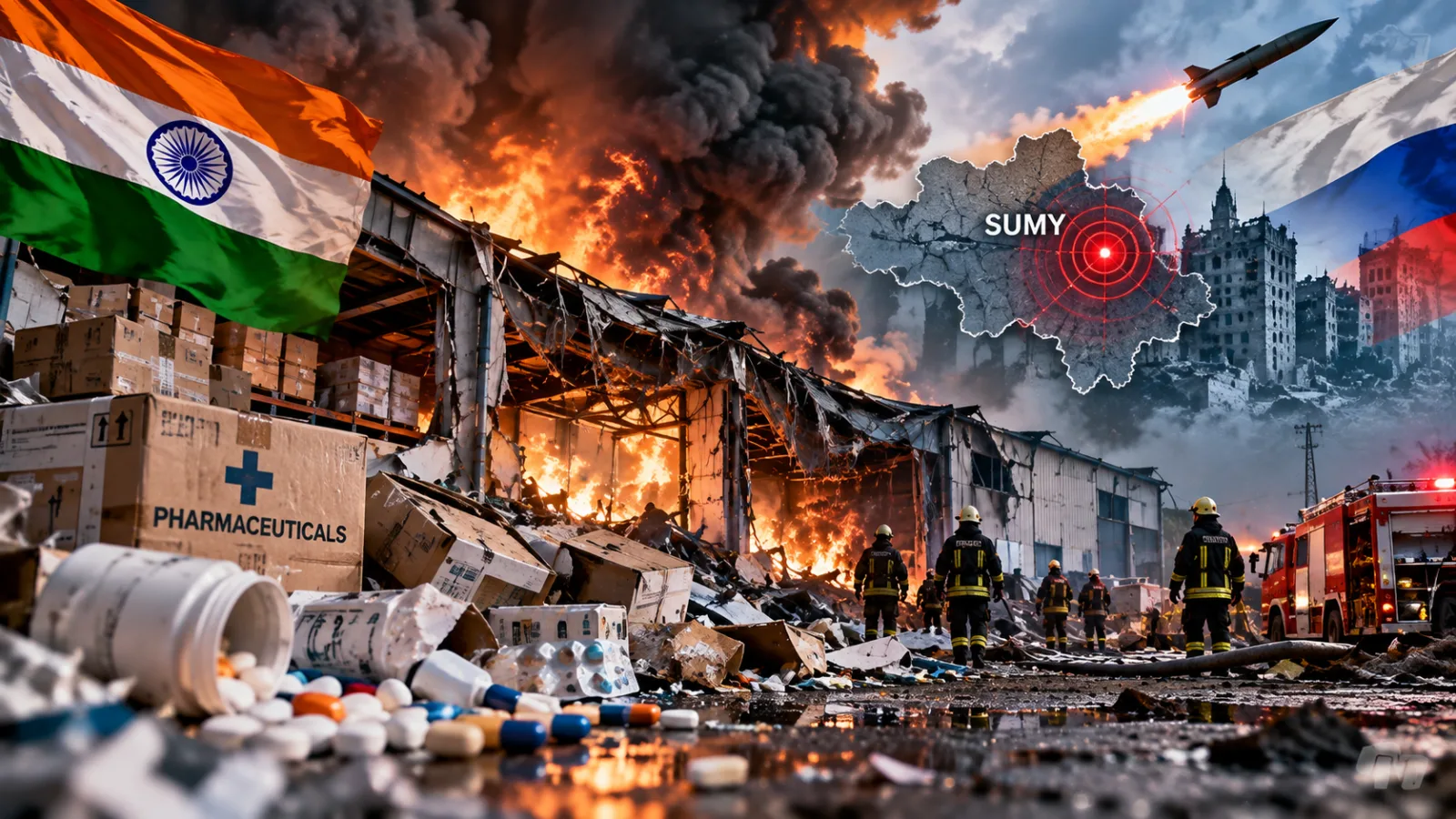 Damaged Indian-owned pharmaceutical warehouse in Sumy after a Russian strike