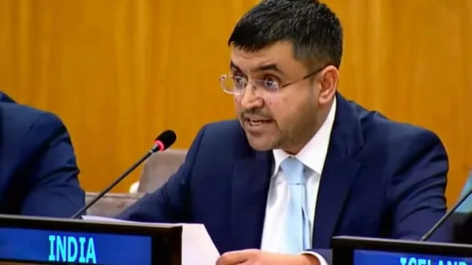 India's First Secretary to the UN Raghoo Puri speaks during a dialogue with UN Special Rapporteur Ben Saul at the United Nations.