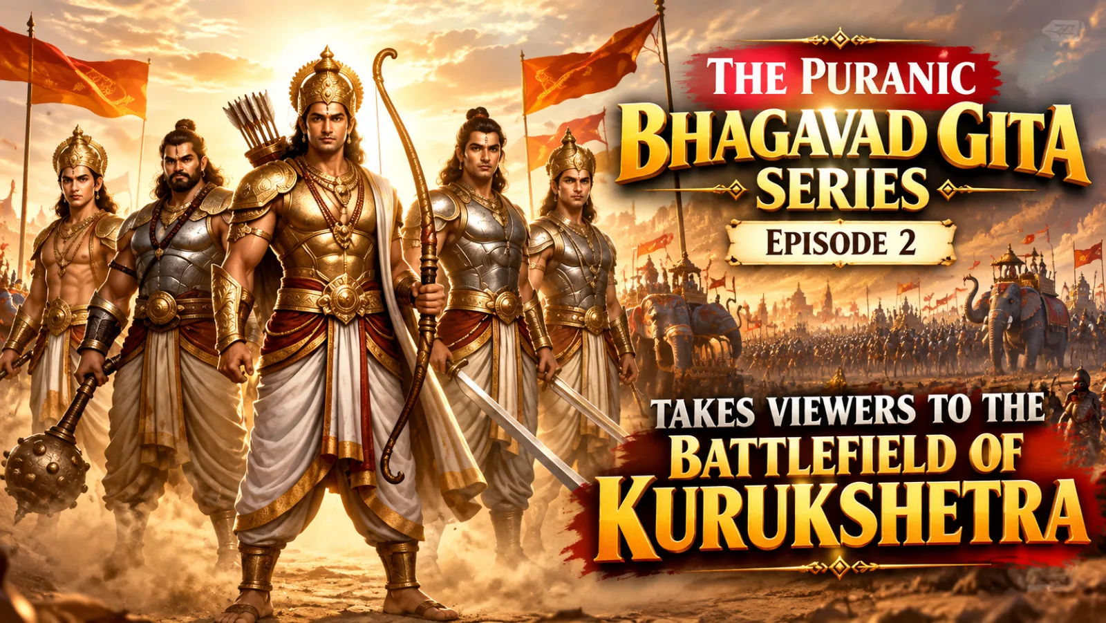 Krishna and Arjuna’s chariot on the battlefield of Kurukshetra surrounded by assembled armies