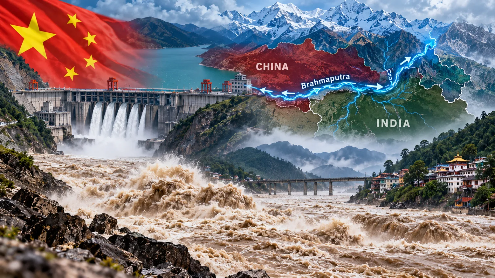 The Brahmaputra River flowing through the Himalayan region, where climate change and a major Chinese dam project raise water-risk concerns.