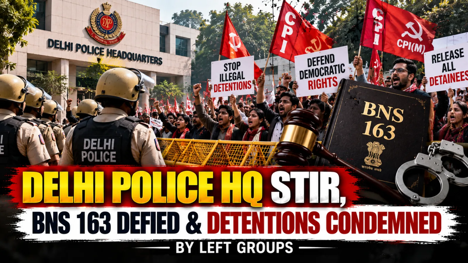 Student activists and women demonstrators protesting outside Delhi Police headquarters on Ashoka Road in New Delhi.
