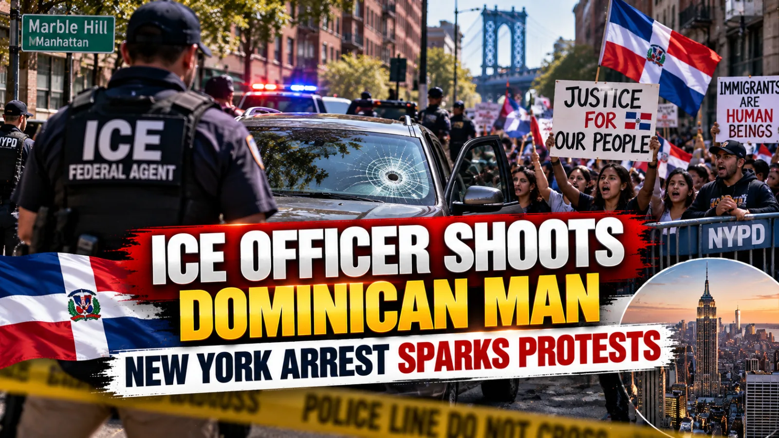 Federal immigration officers at the scene of a shooting during an arrest in New York City.