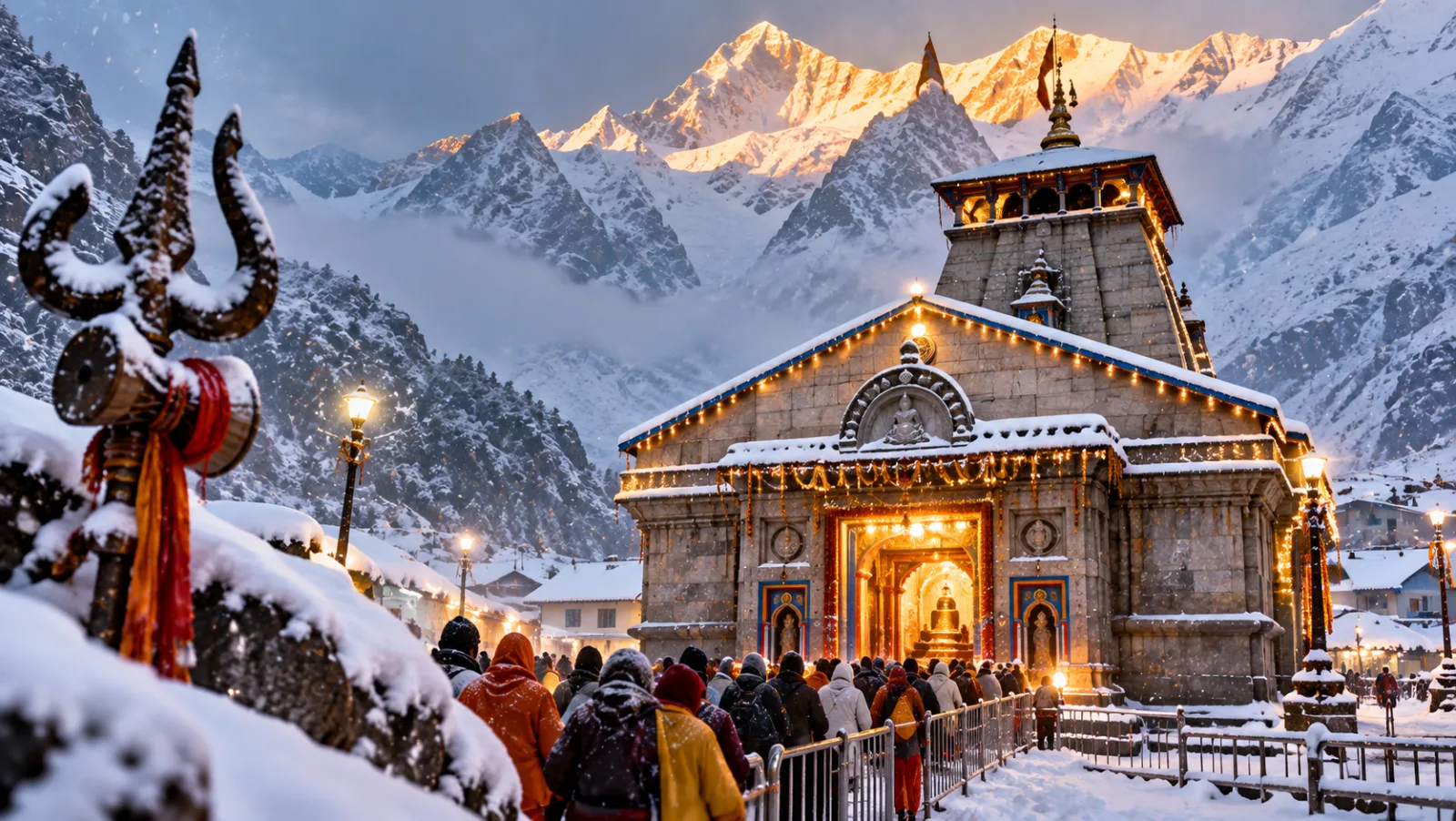 Fresh snowfall covers Kedarnath Temple and surrounding Himalayan mountains in Uttarakhand.