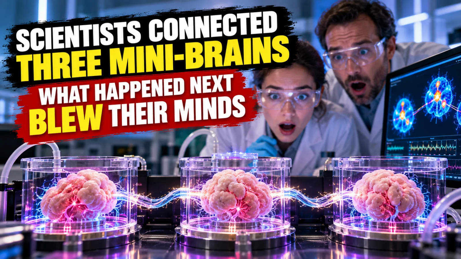 Three lab-grown brain organoids connected and monitored during a scientific experiment