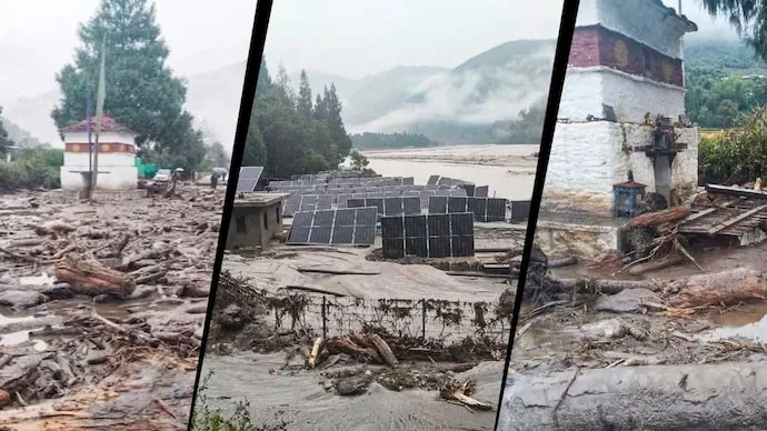 Damage caused by a glacial lake outburst flood in Bhutan, prompting alerts in Assam and West Bengal.