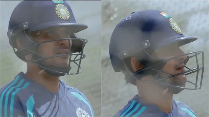 Shubman Gill wearing the Temple fitness-tracking device during India’s training session in Auckland