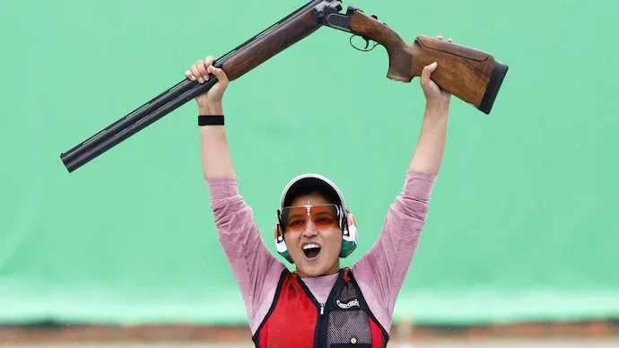 Neeru Dhanda celebrating her Asian Games trap shooting gold medal