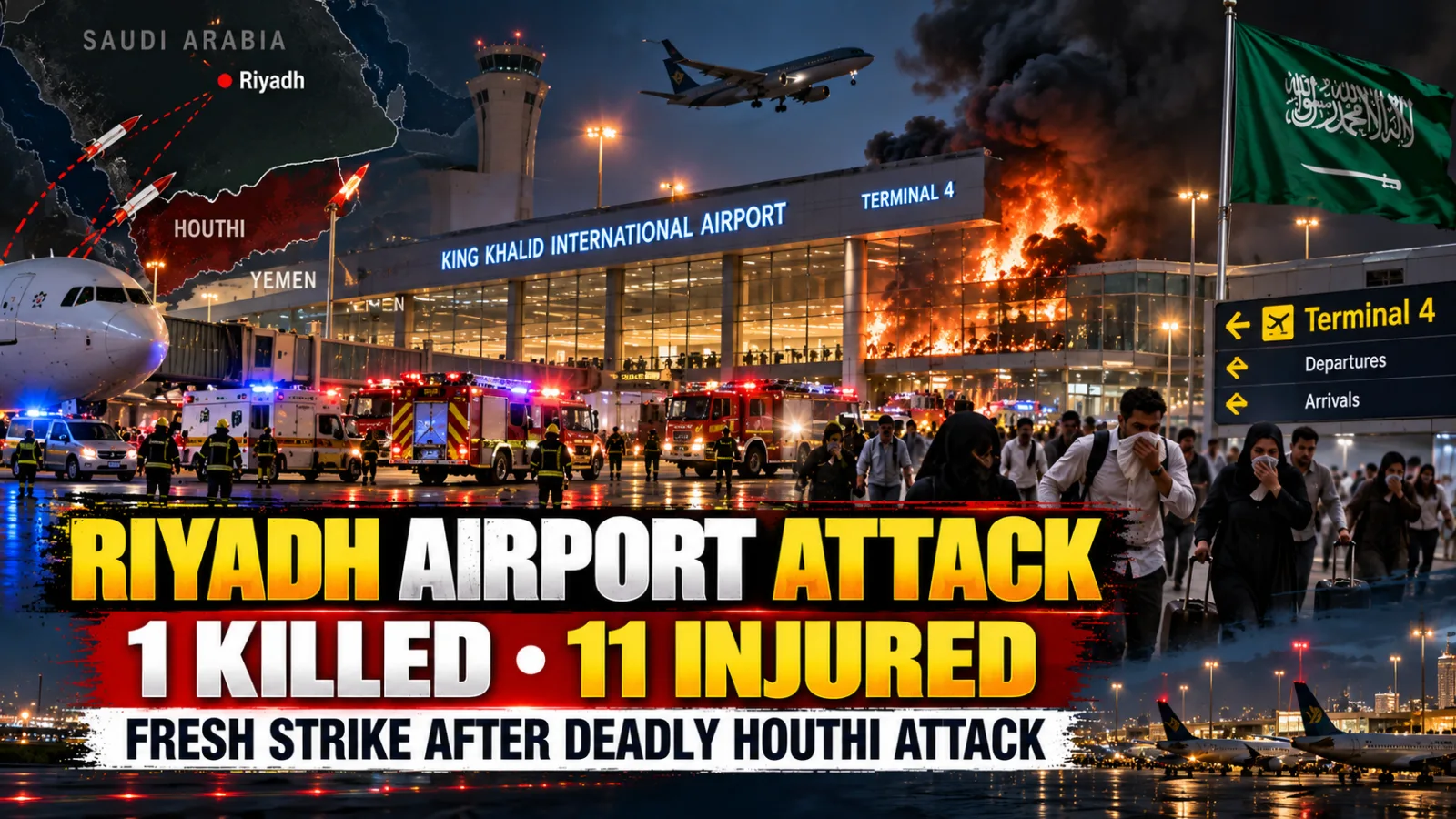 Smoke and flames rise near King Khalid International Airport in Riyadh following a reported projectile attack.