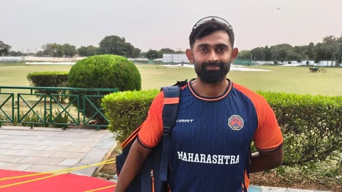 Maharashtra batter Ankit Bawne celebrates his 25th first-class century against Services in the Ranji Trophy.