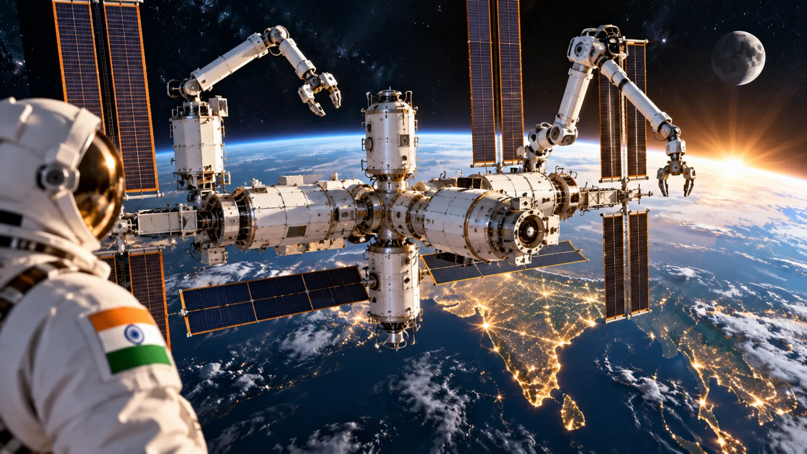 Conceptual image of India’s Bharatiya Antariksh Station orbiting Earth with robotic capabilities.